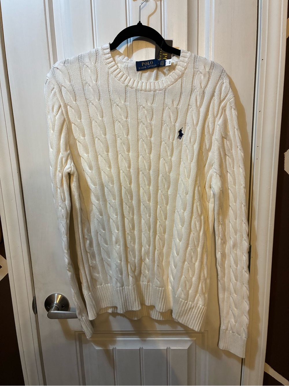 Ralph Lauren White Cable Knit Crewneck Sweater with Polo Pony